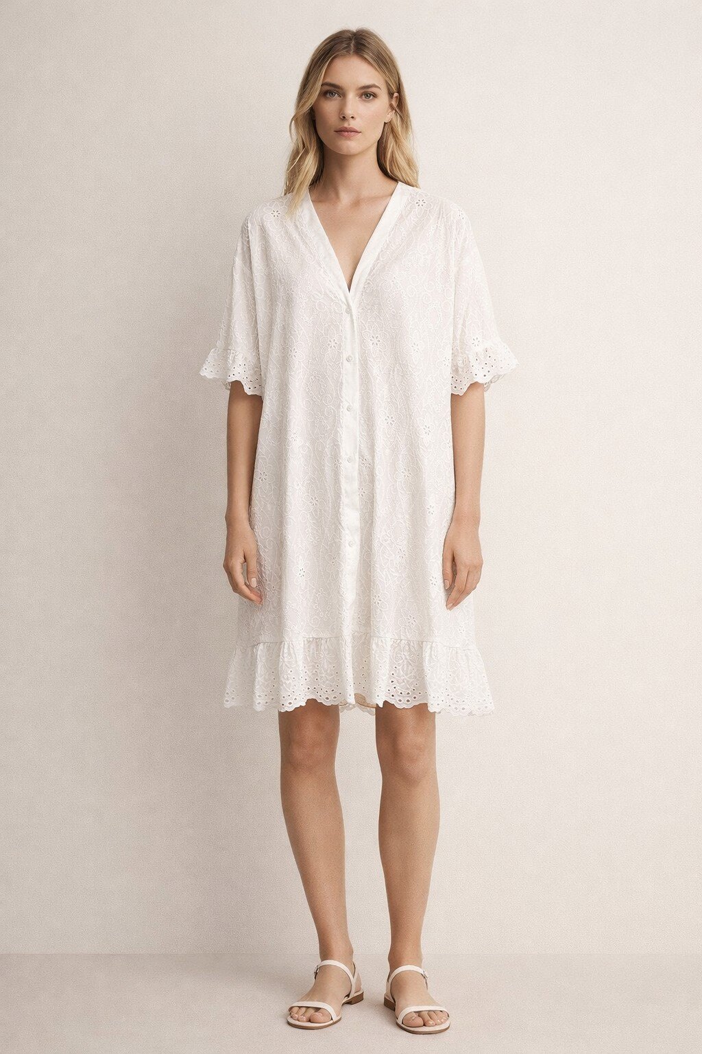 Wholesaler KIS₂ - EYELET SHIRT DRESS SHORT SLEEVES V-NECK FRONT BUTTONS ONE SIZE