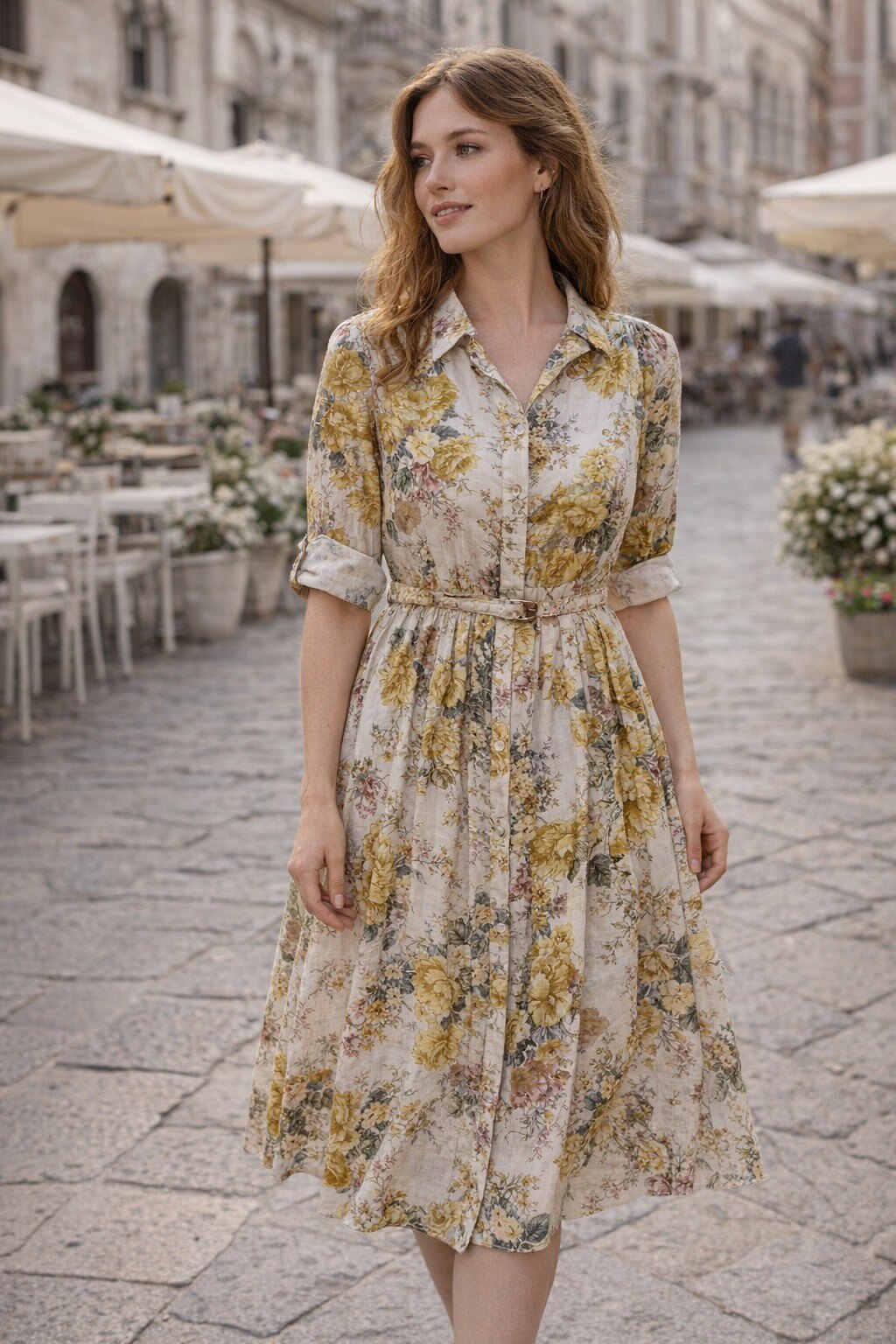 Mayorista KIS₂ - VESTIDO CAMISERO LARGO FLORAL CON BOTONES FRONTALES Y CUELLO A JUEGO, INCLUYE CINTURÓN, MANGAS LARGAS, TALLA ÚNICA