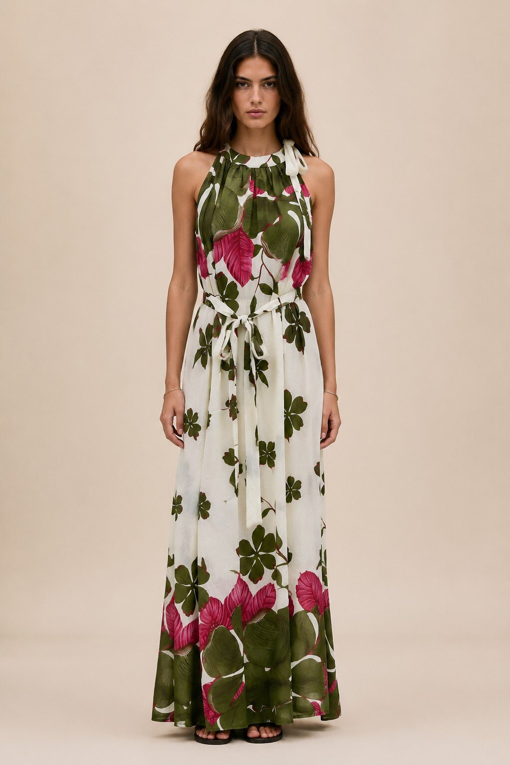 Wholesaler KIS₂ - FLORAL SLEEVELESS LONG DRESS WITH TURTLENECK MATCHED WITH BELT ONE SIZE