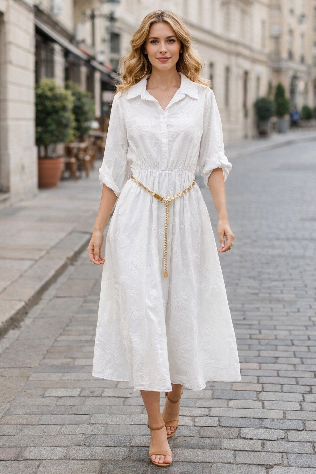 Wholesaler KIS₂ - WOMEN'S LONG COTTON DRESS WITH HALF SLEEVES AND WAIST BELT