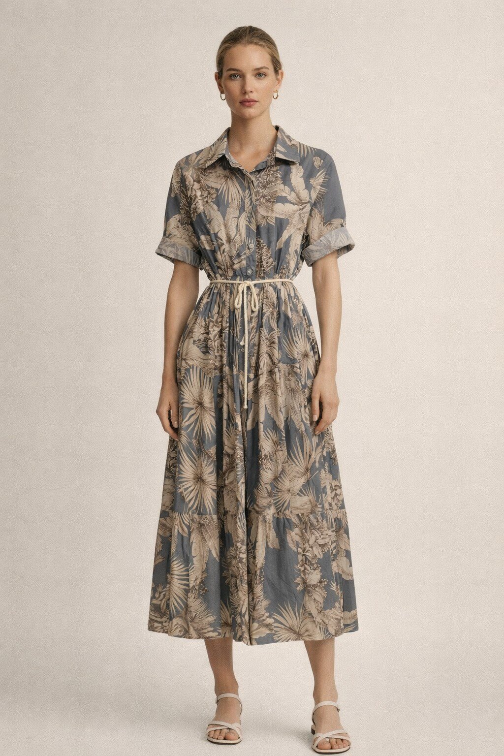 Großhändler KIS₂ - LANGES HEMDKLEID MIT DRUCK GEFALTETEN ÄRMELN MIT PASSENDEM KRAGEN MIT EINER SCHNUR EINHEITSGRÖSSE