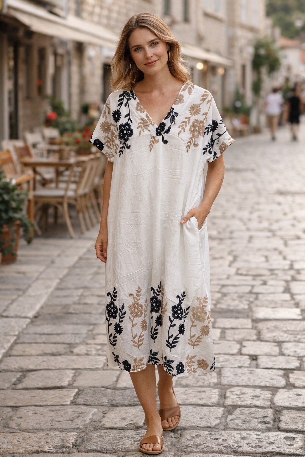 Wholesaler KIS₂ - LONG FLORAL DRESS SHORT SLEEVES V-NECK ONE SIZE