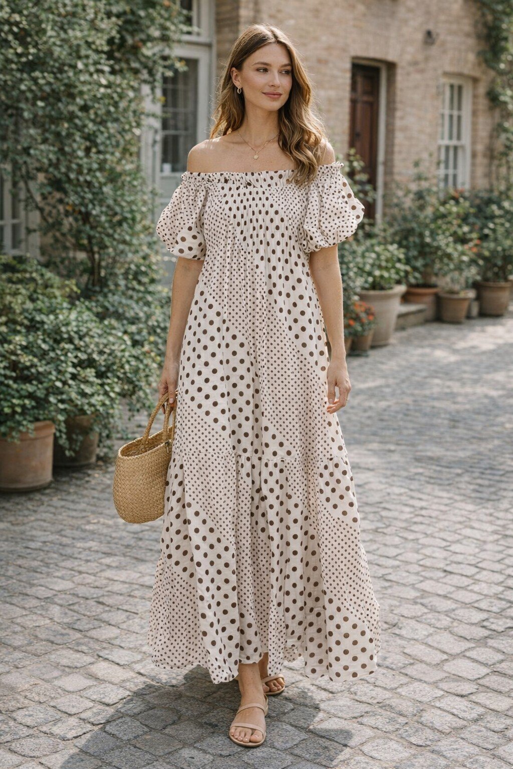 Wholesaler KIS₂ - LONG POLKA DOT DRESS WITH BOAT NECK SHORT SLEEVES COMFORTABLE LOOSE ONE SIZE
