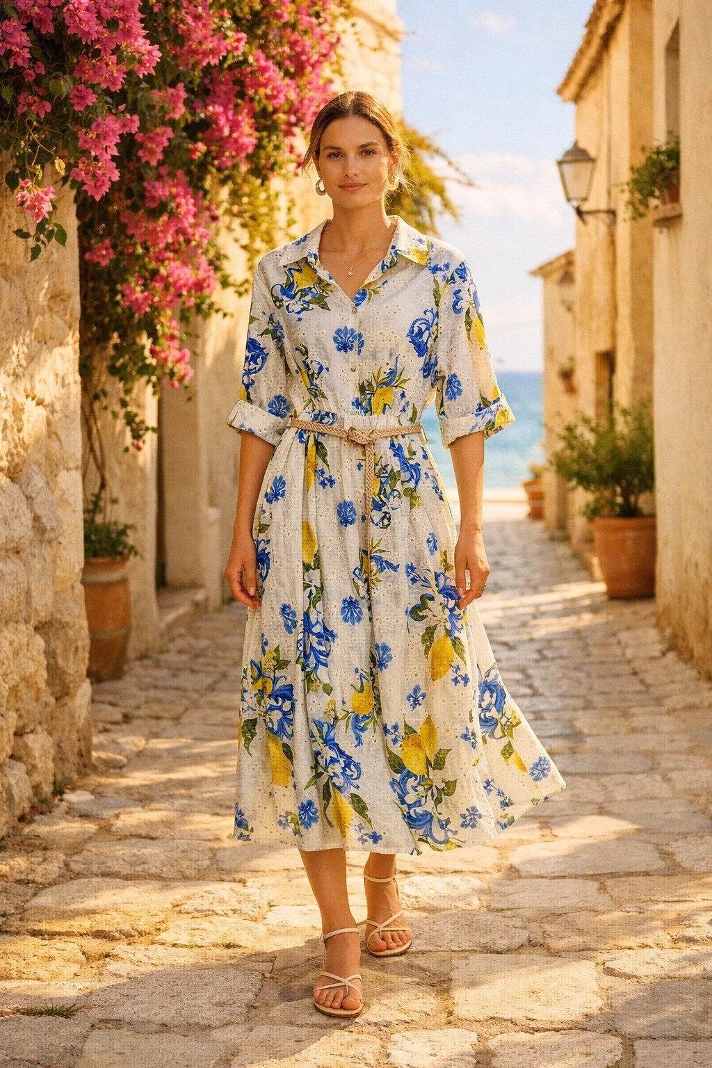 Großhändler KIS₂ - LANGES HEMDKLEID MIT FRONTKNÖPFEN AUS LOCHSTICKEREI MIT UMGEKREMPELTEN ÄRMELN UND TAILLENGÜRTEL MIT VERSCHIEDENEN ZITRONENPRINTS EINHEITSGRÖSSE
