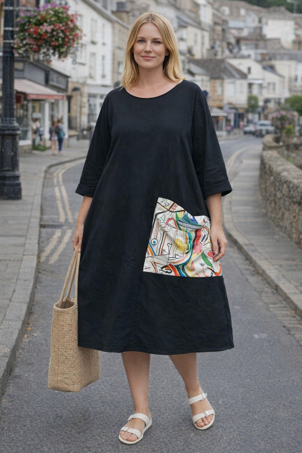 Grossista KIS₂ - VESTITO LUNGO CURVY TAGLIA FORTE MANICA LUNGA GIROCOLLO CON MATA STAMPA DIETRO CON TASCHE