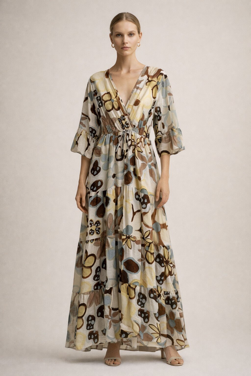 Wholesaler KIS₂ - LIGHTWEIGHT FLORAL LONG DRESS HALF SLEEVE V-NECK COMFORTABLE ONE SIZE