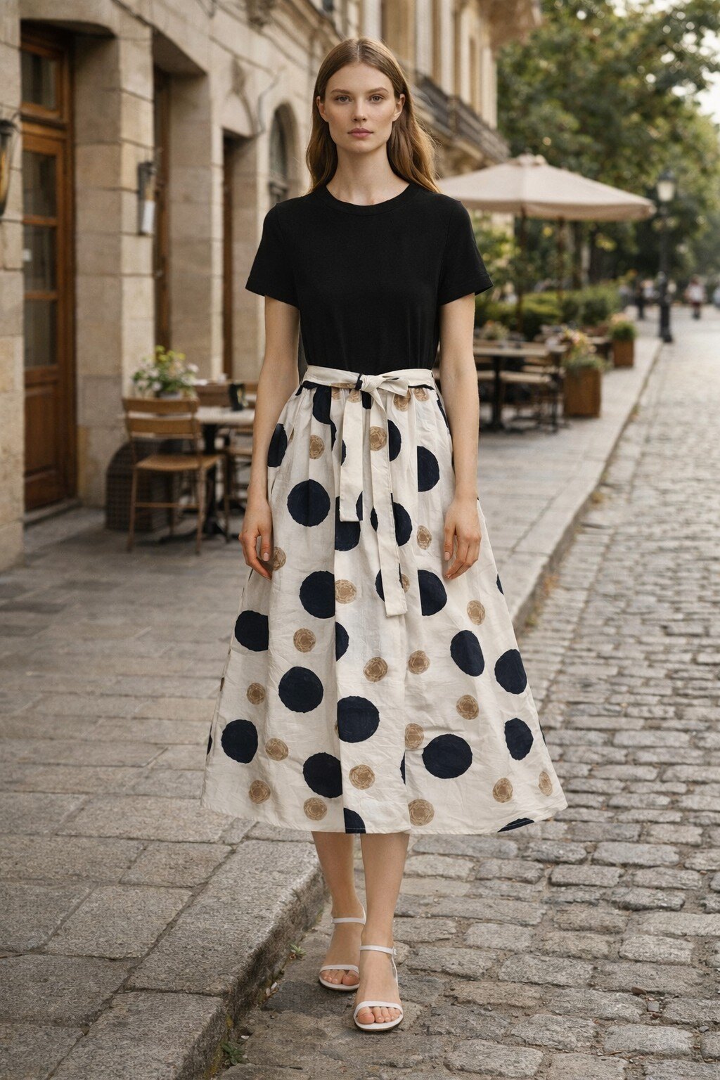 Wholesaler KIS₂ - LONG DRESS WITH PATTERN ROUND NECK SHORT SLEEVES COMFORTABLE PAIRED WITH BELT ONE SIZE