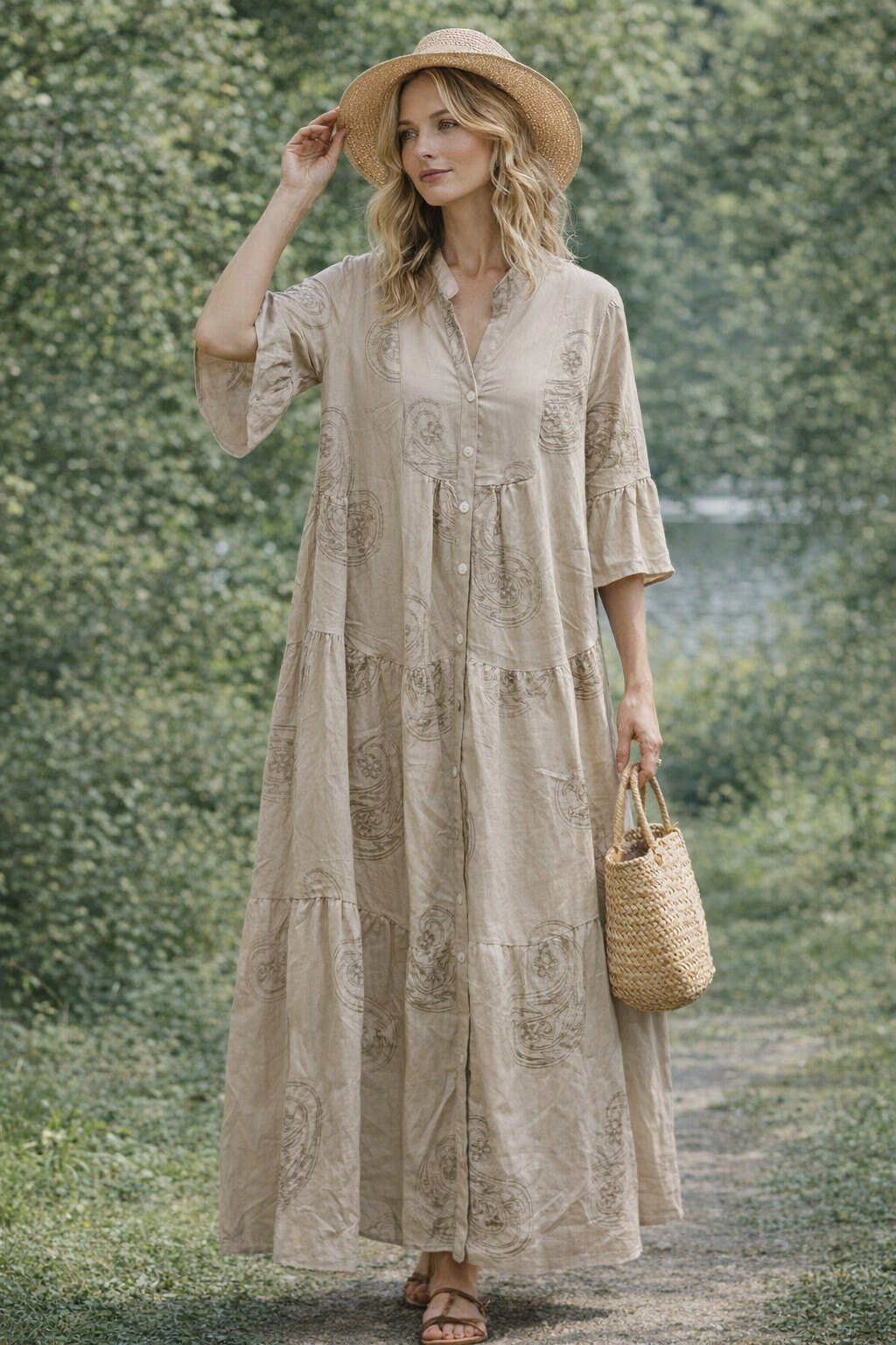 Mayorista KIS₂ - VESTIDO LARGO TALLA GRANDE HOLGADO METTA MANGA CUELLO ABIERTO BOTONES FRONTALES COLOR LISO TALLA ÚNICA