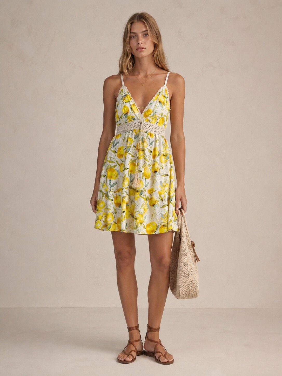 Grossiste KIS₂ - ROBE COURTE FEMME EN BRODERIE ANGLAISE AVEC DIFFÉRENTS IMPRIMÉS DE CITRON SANS MANCHES TAILLE UNIQUE