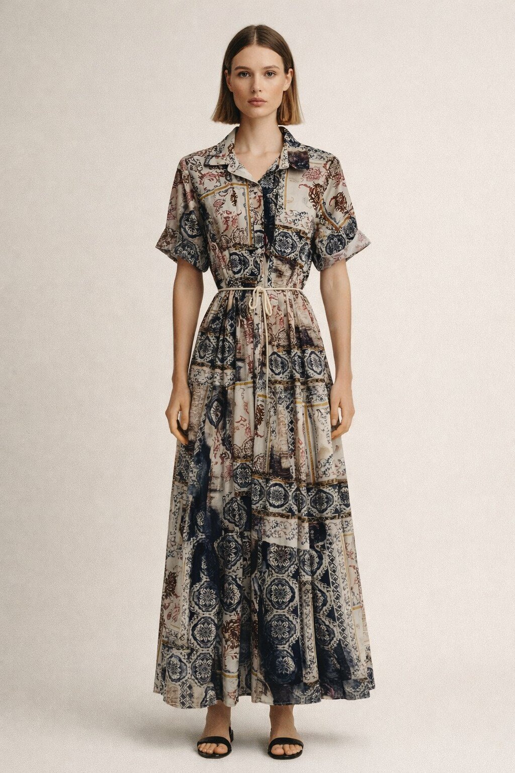 Wholesaler KIS₂ - LONG SHIRT DRESS COMFORTABLE IN COTTON WITH PRINT ON THE FABRIC FRONT BUTTONS WITH COLLAR LONG SLEEVE MATCHED WITH CORD ONE SIZE