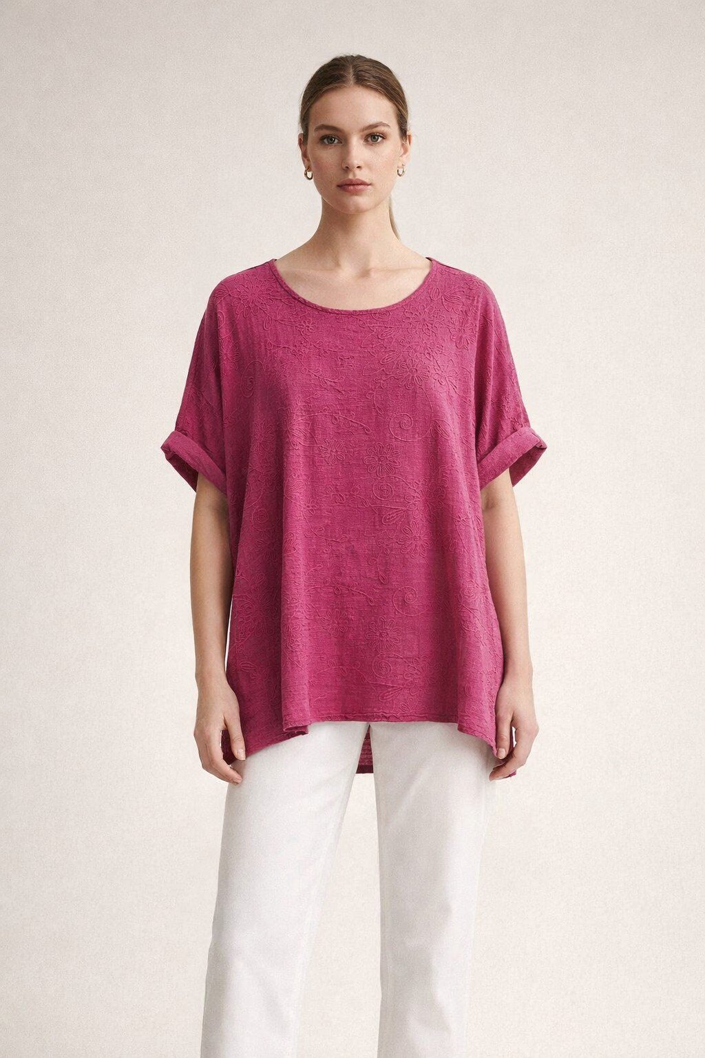 Mayorista KIS₂ - Camiseta cómoda de mezcla de lino, mangas dobladas, cuello redondo, color sólido, talla única