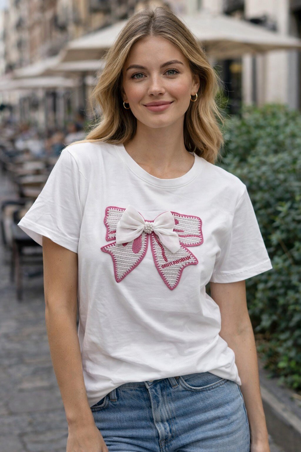 Wholesaler KIS₂ - WOMEN'S T-SHIRT WITH WHITE PINK BOW AND SHORT SLEEVES