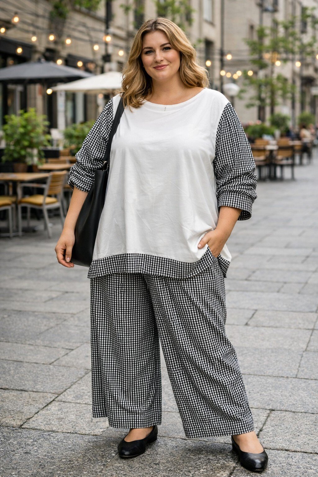 Wholesaler KIS₂ - Plus size checkered T-shirt, comfortable, long sleeves, round neck, one size