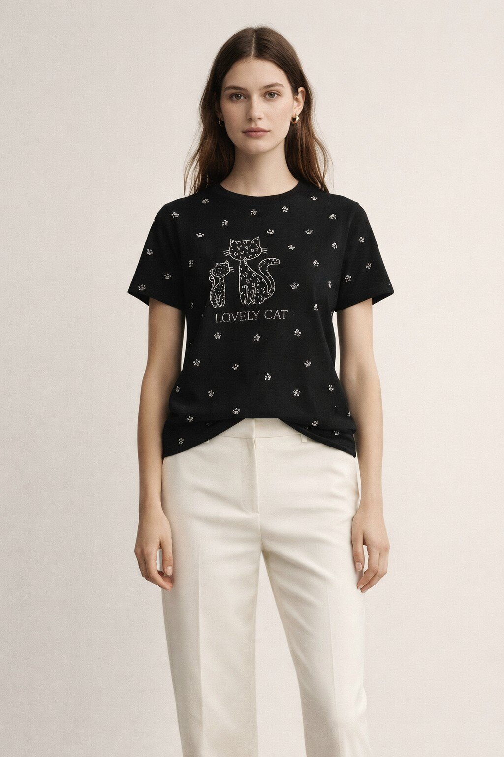 Wholesaler KIS₂ - WOMEN'S T-SHIRT WITH CAT PRINT, CREW NECK AND SHORT SLEEVES