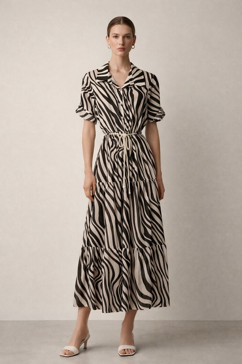 Großhändler KIS₂ - LANGES HEMDKLEID MIT PRINT GEFALTETE ÄRMEL MIT PASSENDEM KRAGEN MIT EINER SCHNUR EINHEITSGRÖSSE