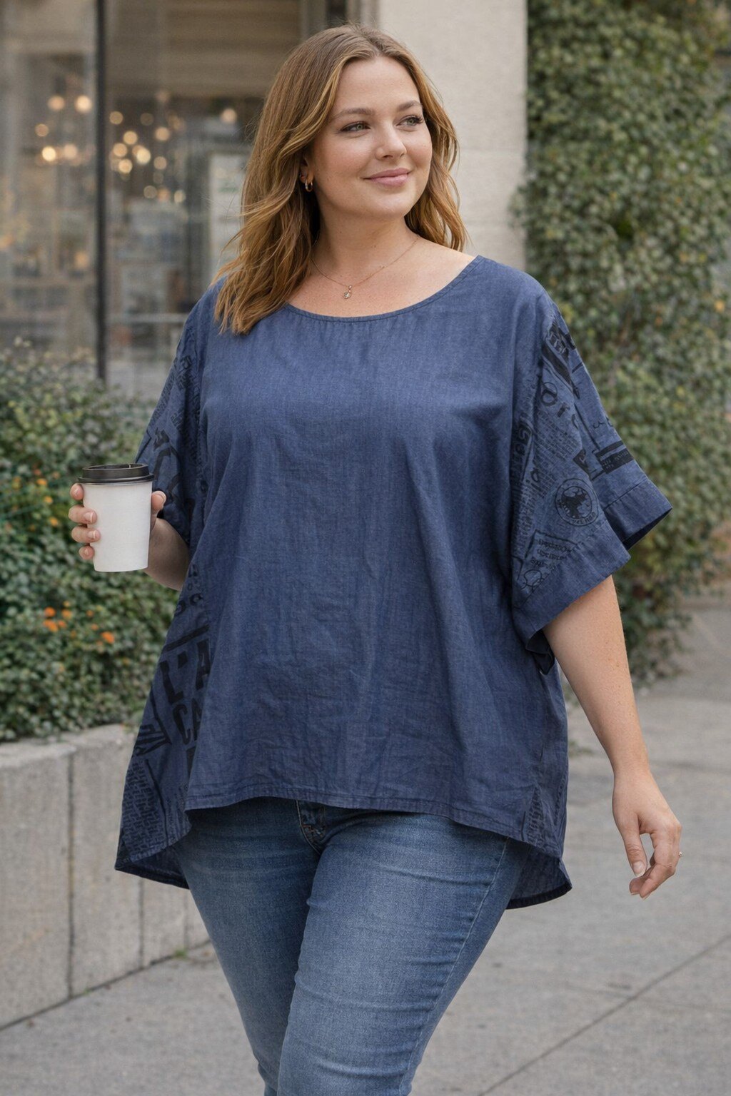 Wholesaler KIS₂ - CURVY T-SHIRT PLUS SIZE CREW NECK SHORT SLEEVES SOLID COLOR COMFORTABLE WITH PRINT ON THE SLEEVE