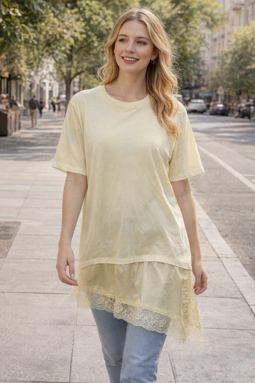 Wholesaler KIS₂ - LONG T-SHIRT WITH LACE UNDERNEATH SHORT SLEEVES CREW NECK SOLID COLOR ONE SIZE