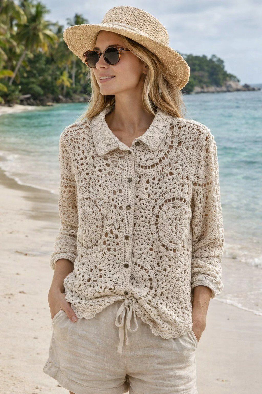 Mayorista KIS₂ - CHAQUETA DE MUJER MANGA LARGA CON CUELLO DE PUNTO FRANCÉS GEOMÉTRICO VINTAGE BOTONES FRONTALES TALLA ÚNICA