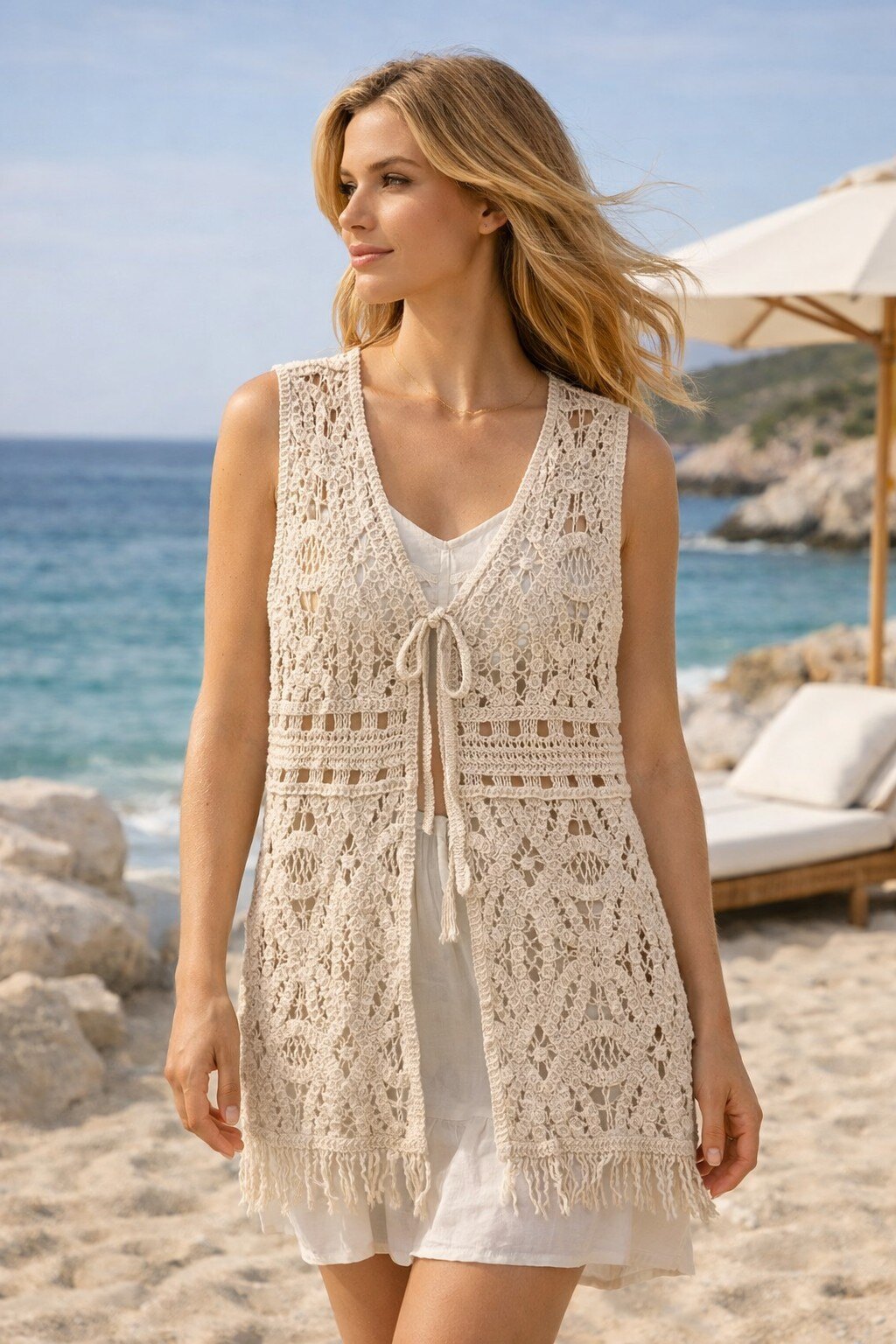 Wholesaler KIS₂ - LIGHTWEIGHT KNIT OPENWORK SLEEVELESS V-NECK FRONT OPEN JACKET ONE SIZE
