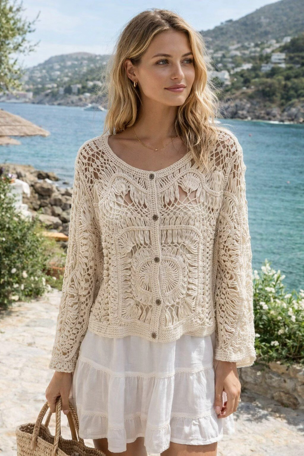 Wholesaler KIS₂ - WOMEN'S LONG SLEEVE JACKET ROUND NECK FRENCH KNIT GEOMETRIC VINTAGE FRONT BUTTONS ONE SIZE
