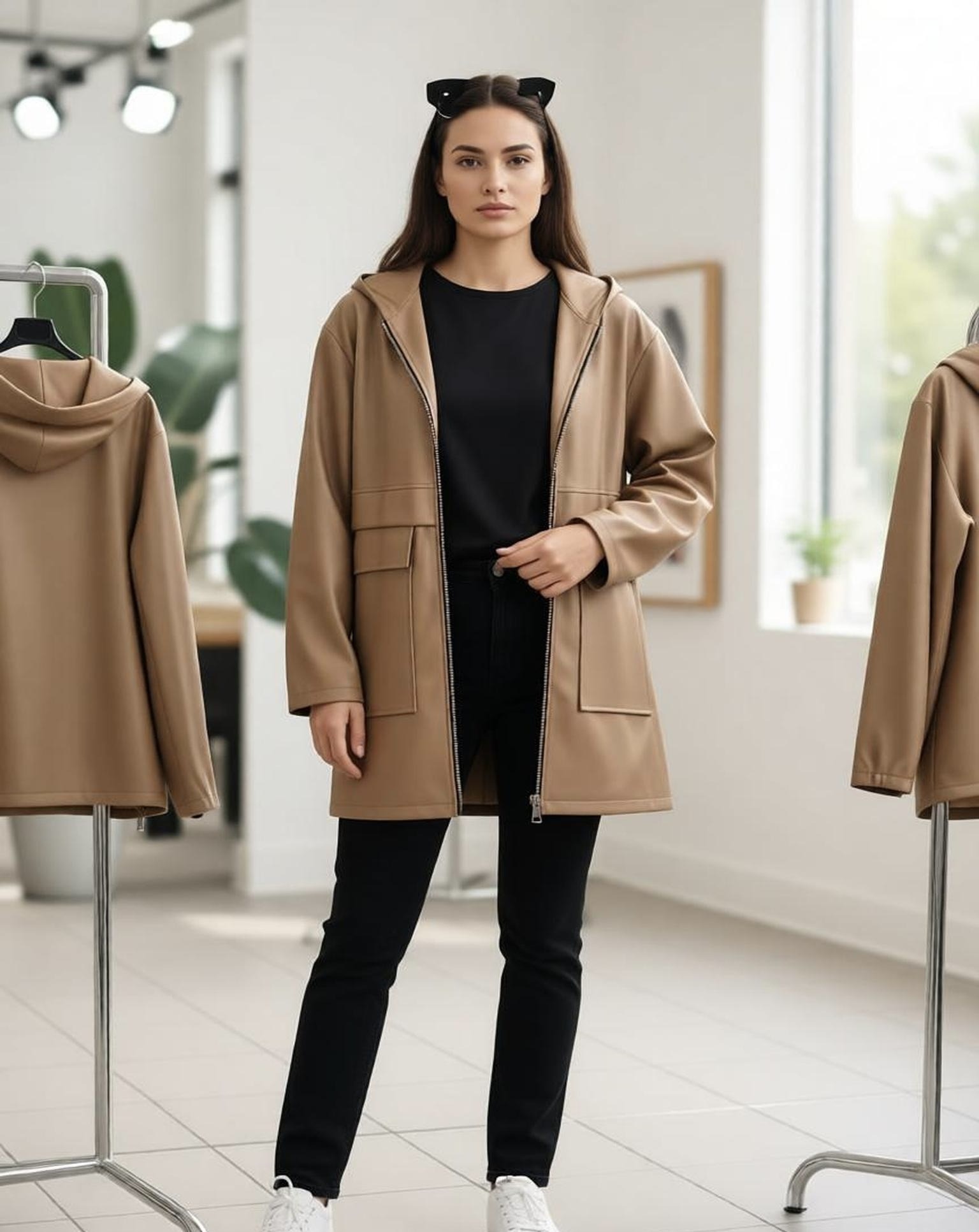 Grossiste KIS₂ - VESTE LONGUE GRANDE TAILLE EN SIMILI CUIR AVEC CAPUCHE ZIP ET POCHES FRONTALES MANCHES LONGUES COULEUR UNIE
