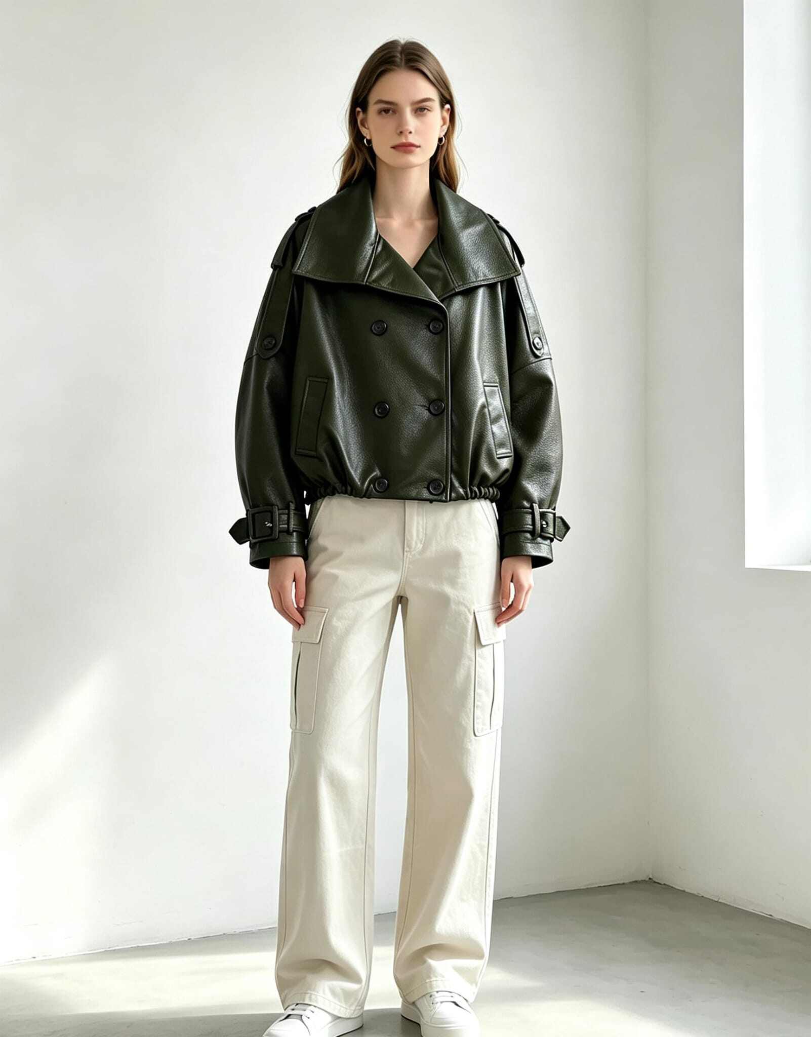 Mayorista KNITWEAR - Chaqueta corta de mujer de doble botonadura, hecha de cuero sintético con textura de avellana