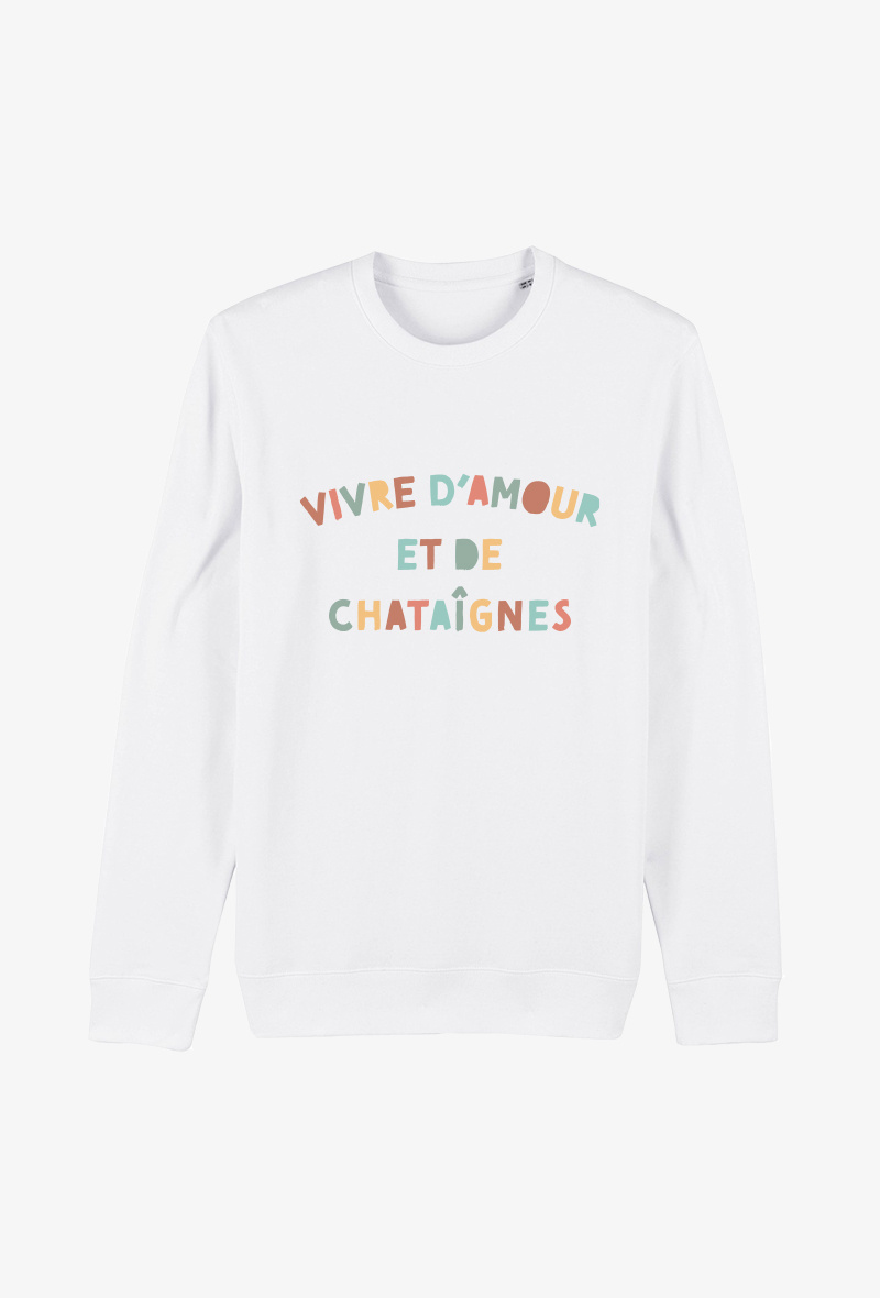 Grossiste Koloris - Sweat Adulte blanc - Vivre d'amour et de chataignes