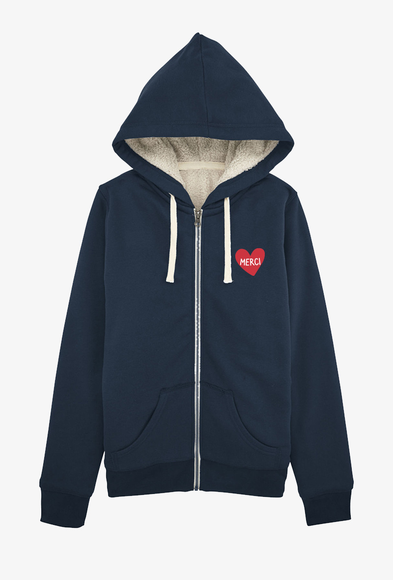 Wholesaler Koloris - Sweat zippé Adulte Marine COTON BIOLOGIQUE - BRODERIE Merci