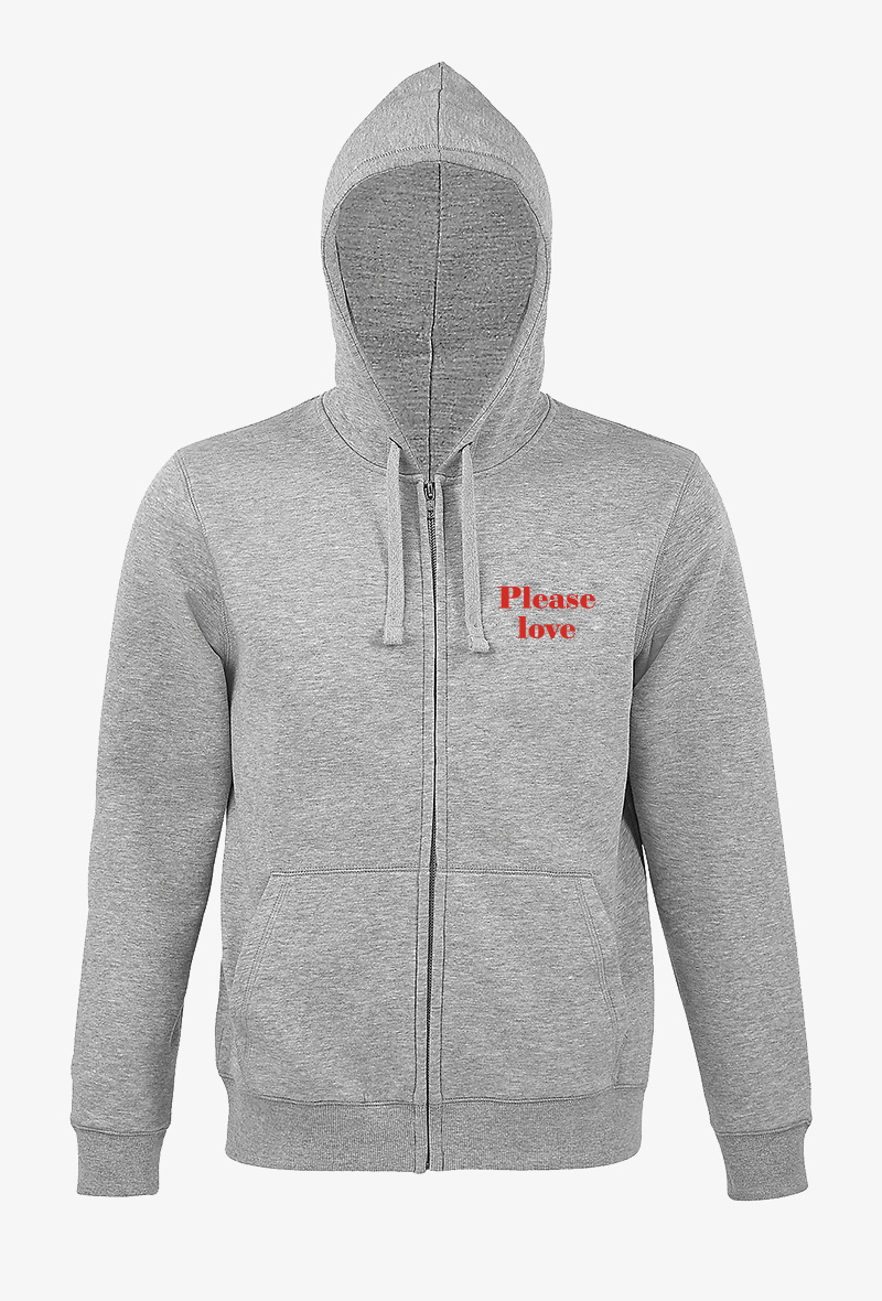 Grossiste Koloris - Sweat zippé Adulte Gris chiné COTON BIOLOGIQUE - BRODERIE Please love
