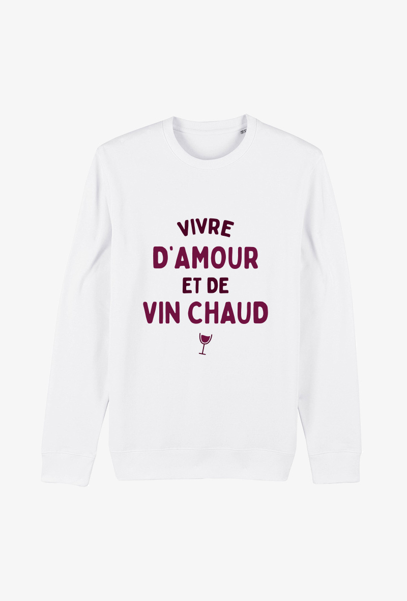 Grossiste Koloris - Sweat Adulte Blanc - Vivre d'amour et de vin chaud