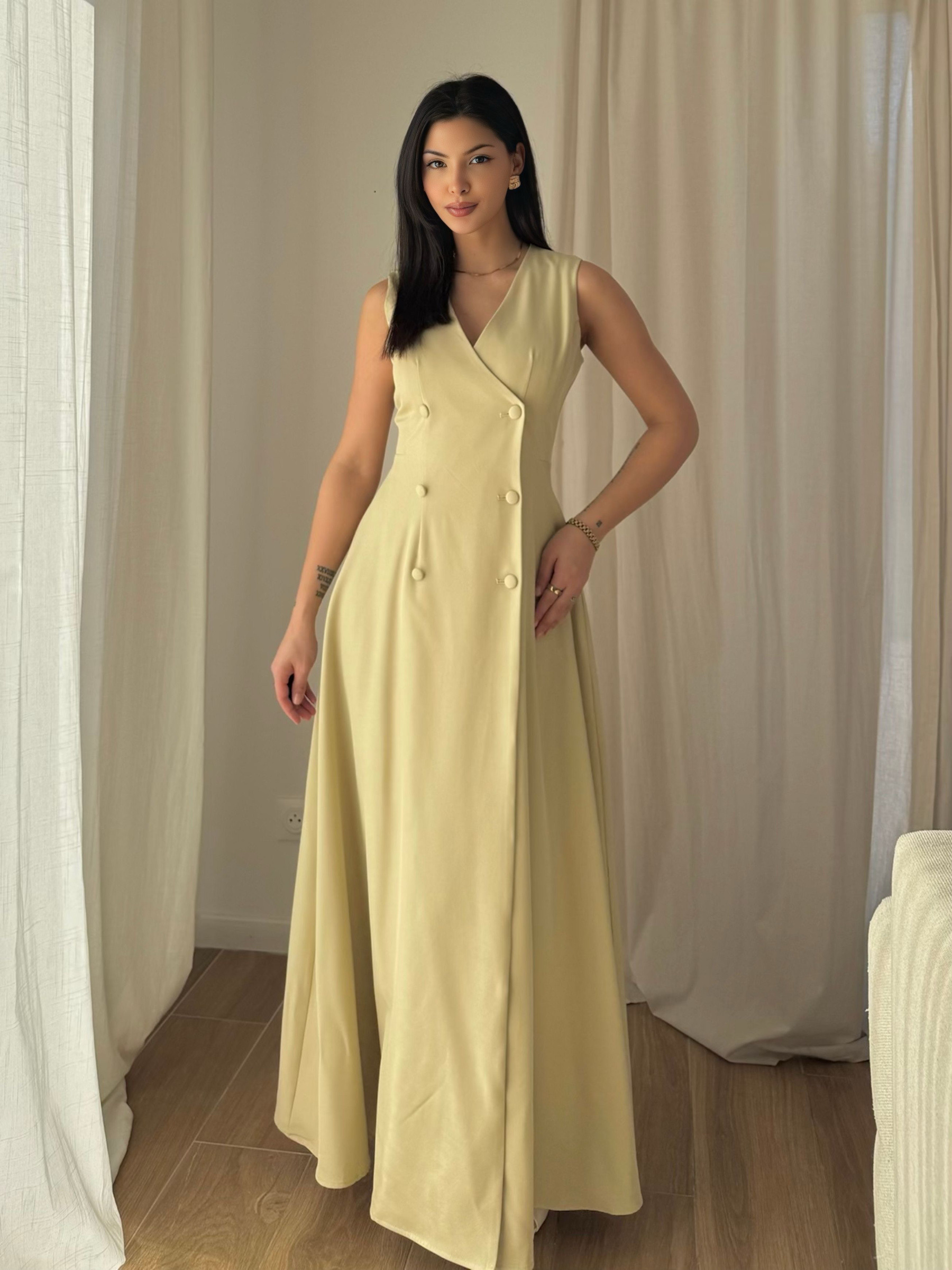 Grossiste Koolook - Robe longue tailleur sans manches bouton croisé (Avocado)