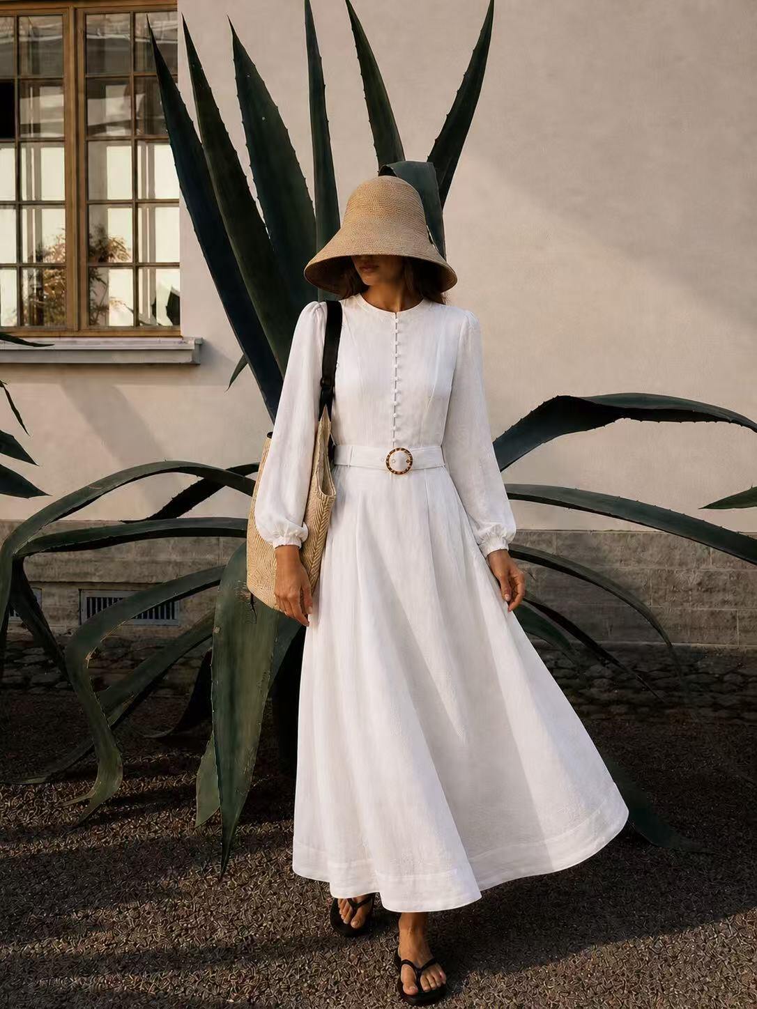 Mayorista Kothè - Vestido de mujer de viscosa con mangas largas y cinturón