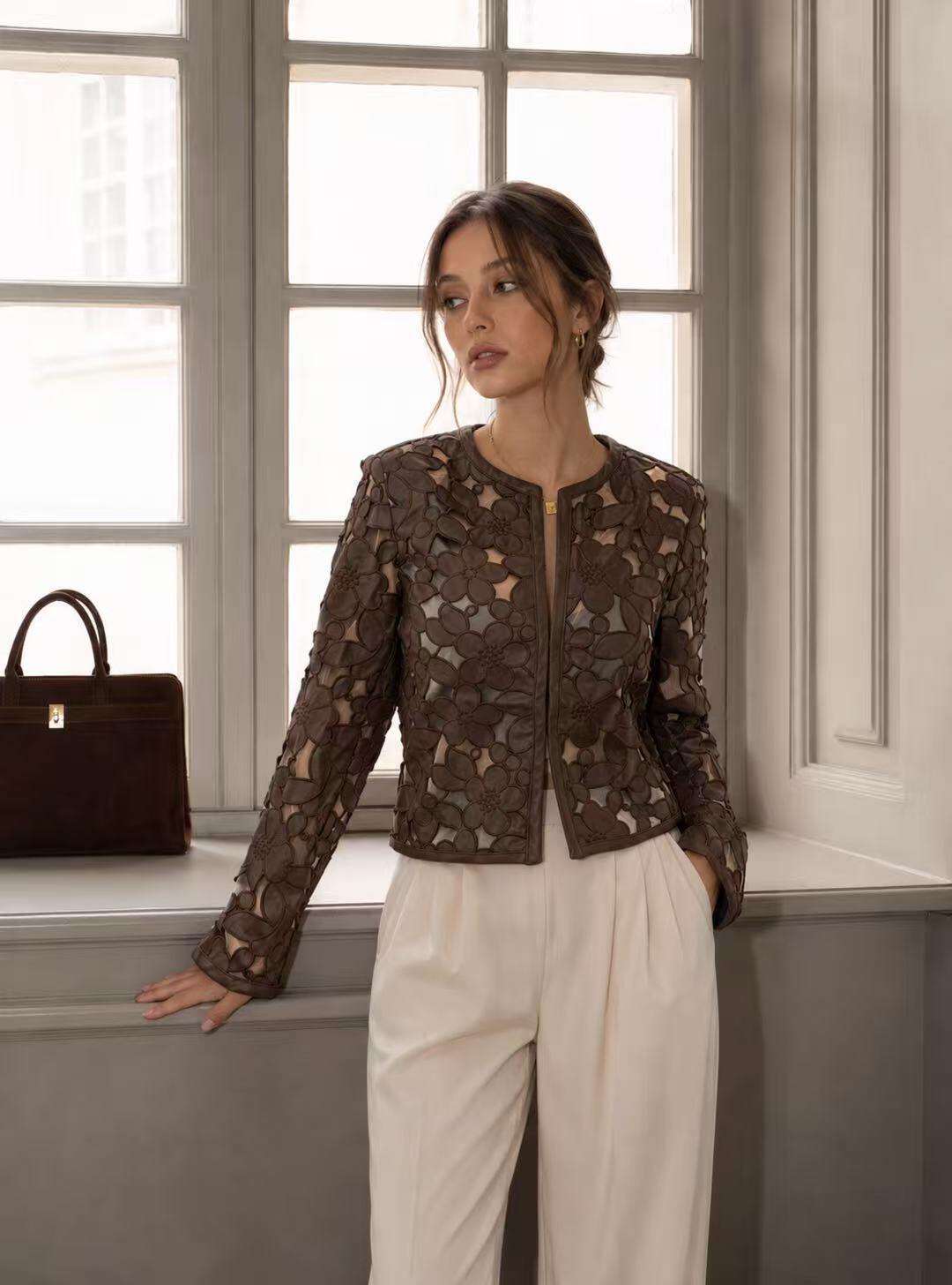 Wholesaler Kothè - Women's faux leather jacket with floral details