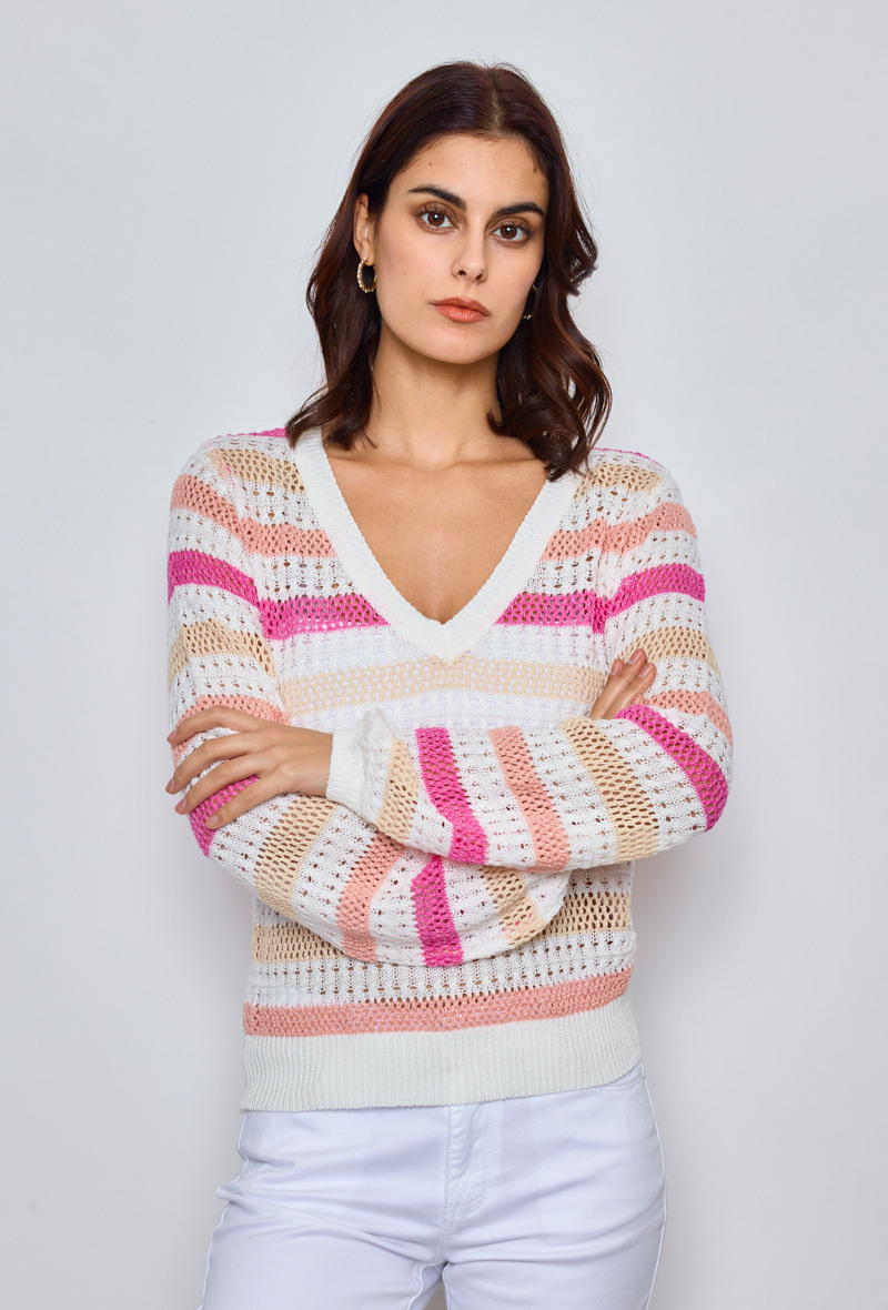 Großhändler KY CREATION - Mehrfarbig gestreifter Häkelpullover