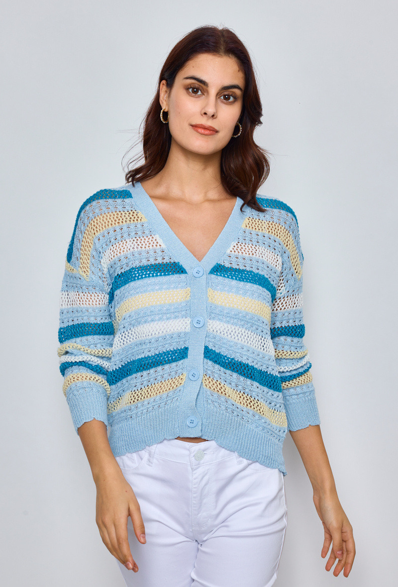 Großhändler KY CREATION - Mehrfarbig gestreifter Häkel-Cardigan