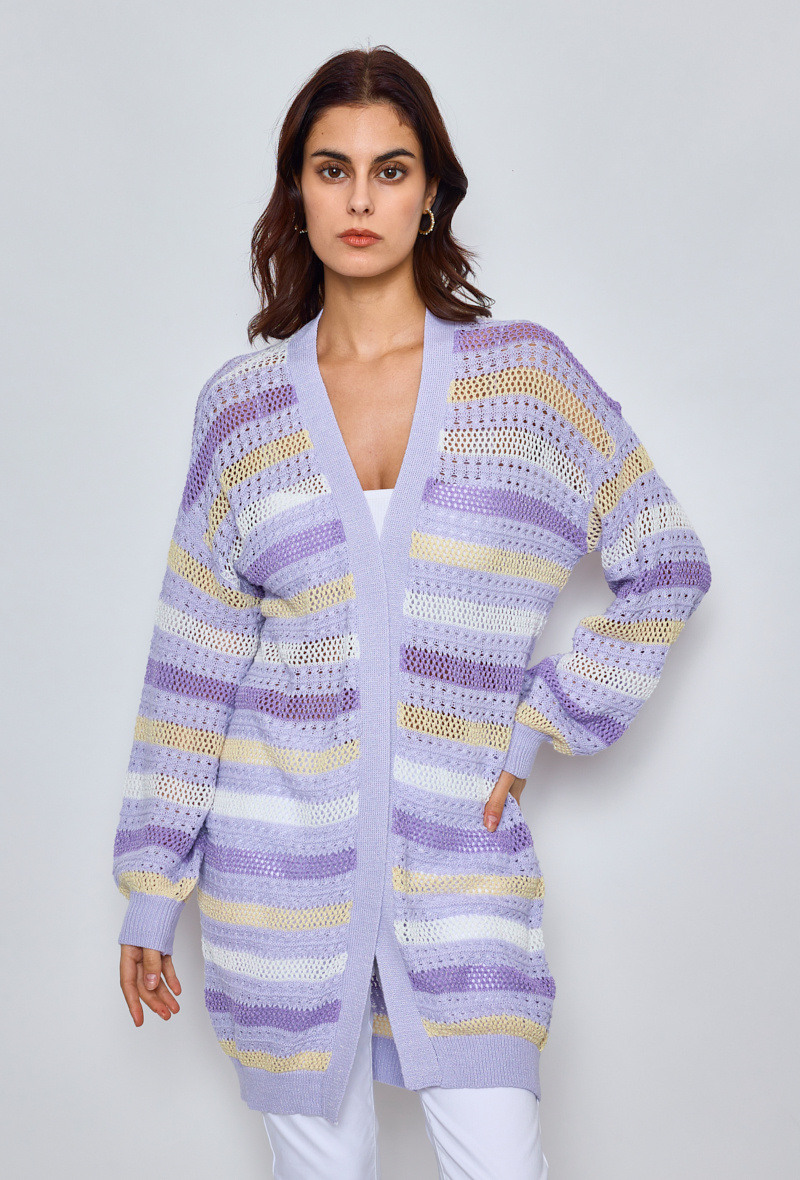 Großhändler KY CREATION - Lange Strickjacke mit mehrfarbigen Häkelstreifen