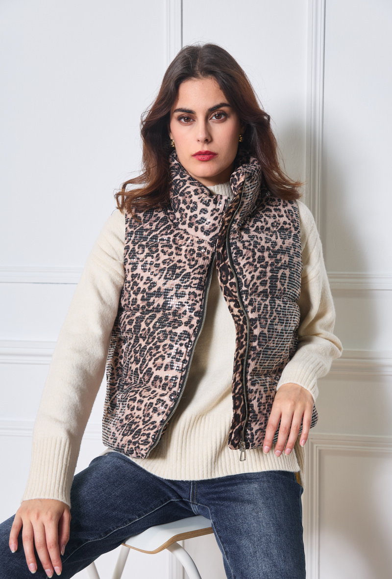 Wholesaler KY CREATION - Sleeveless leopard sequin down jacket