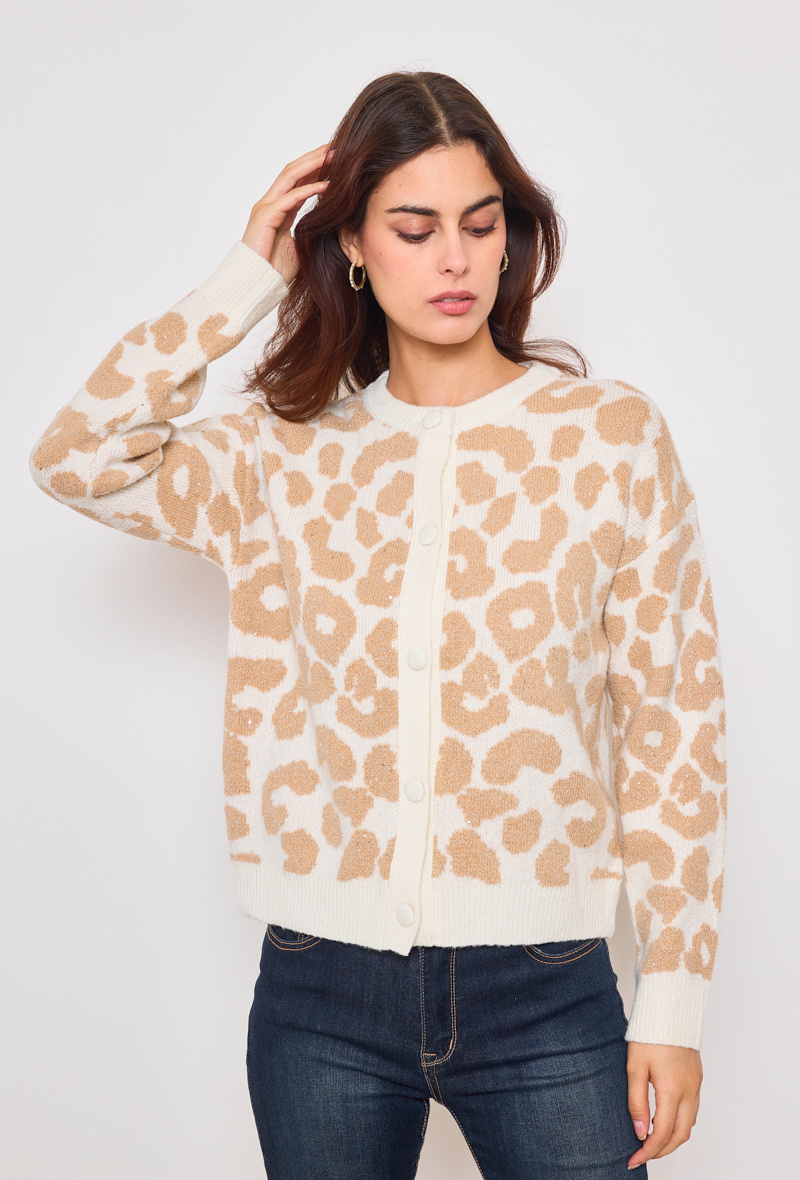 Wholesaler KY CREATION - Two-tone leopard sequin cardigan