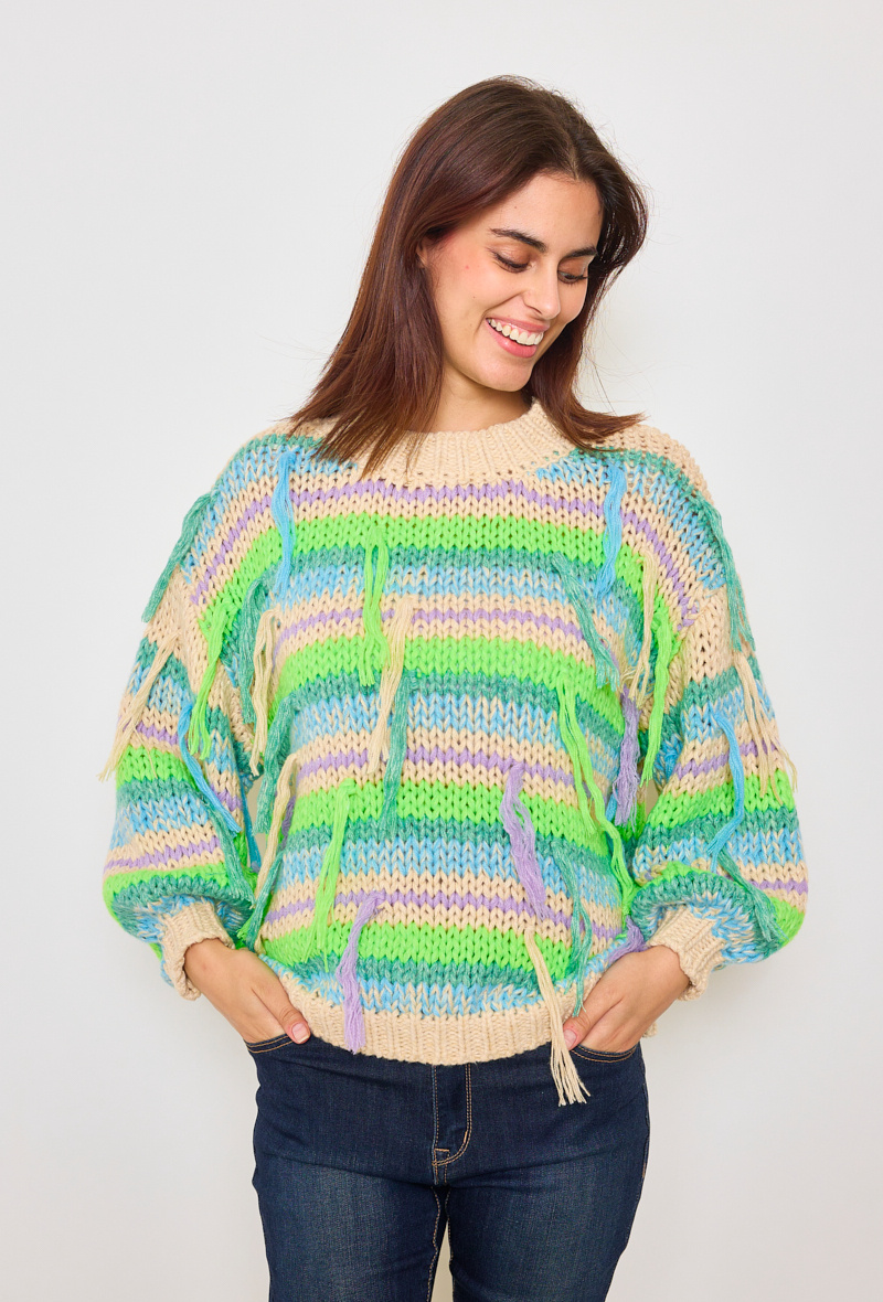 Grossiste KY CREATION - Pull tricot multicolore à franges