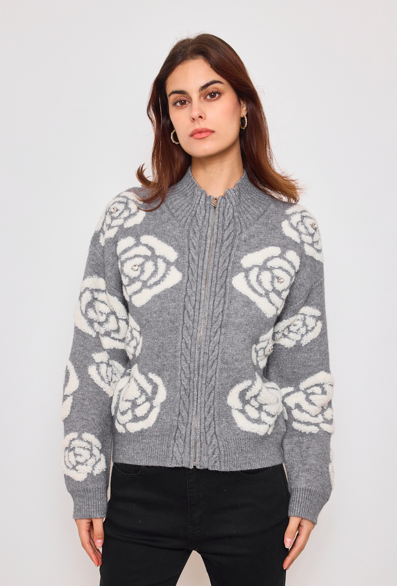Wholesaler KY CREATION - Zip-up cardigan with two-tone rose pattern