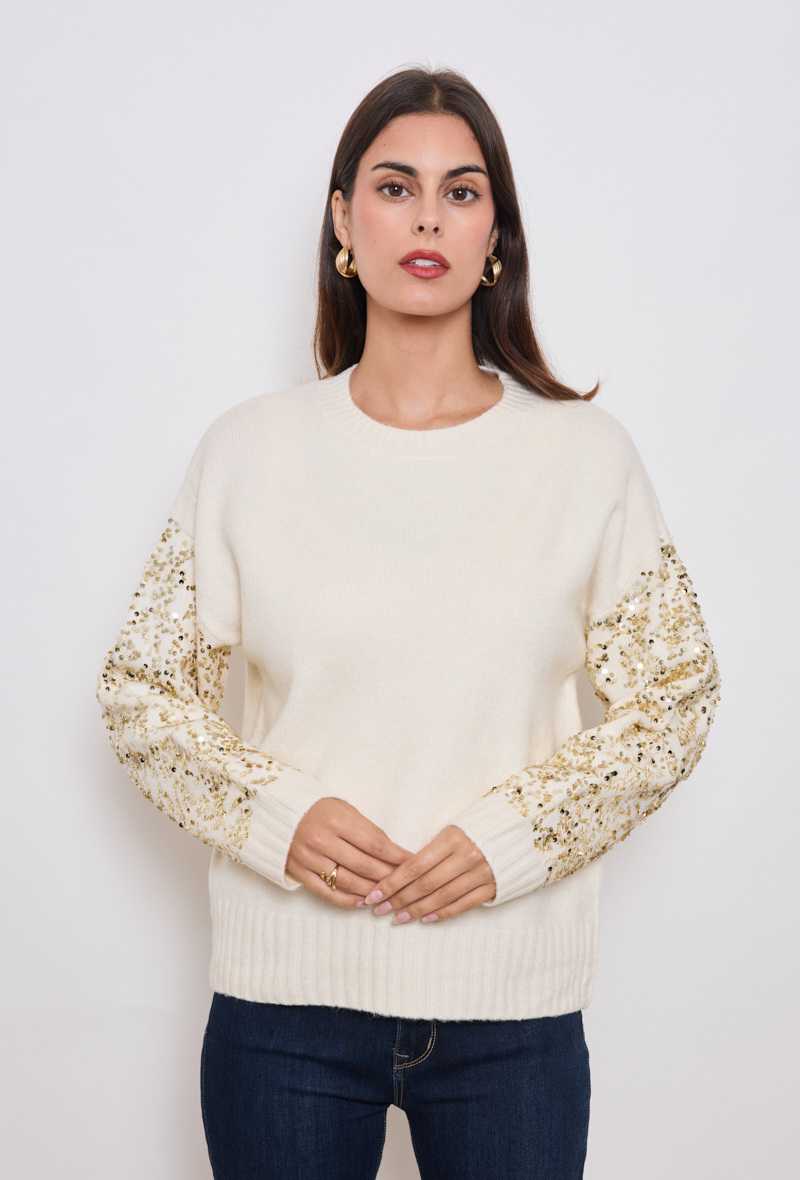 Wholesaler KY CREATION - Round neck sweater with sequin sleeves