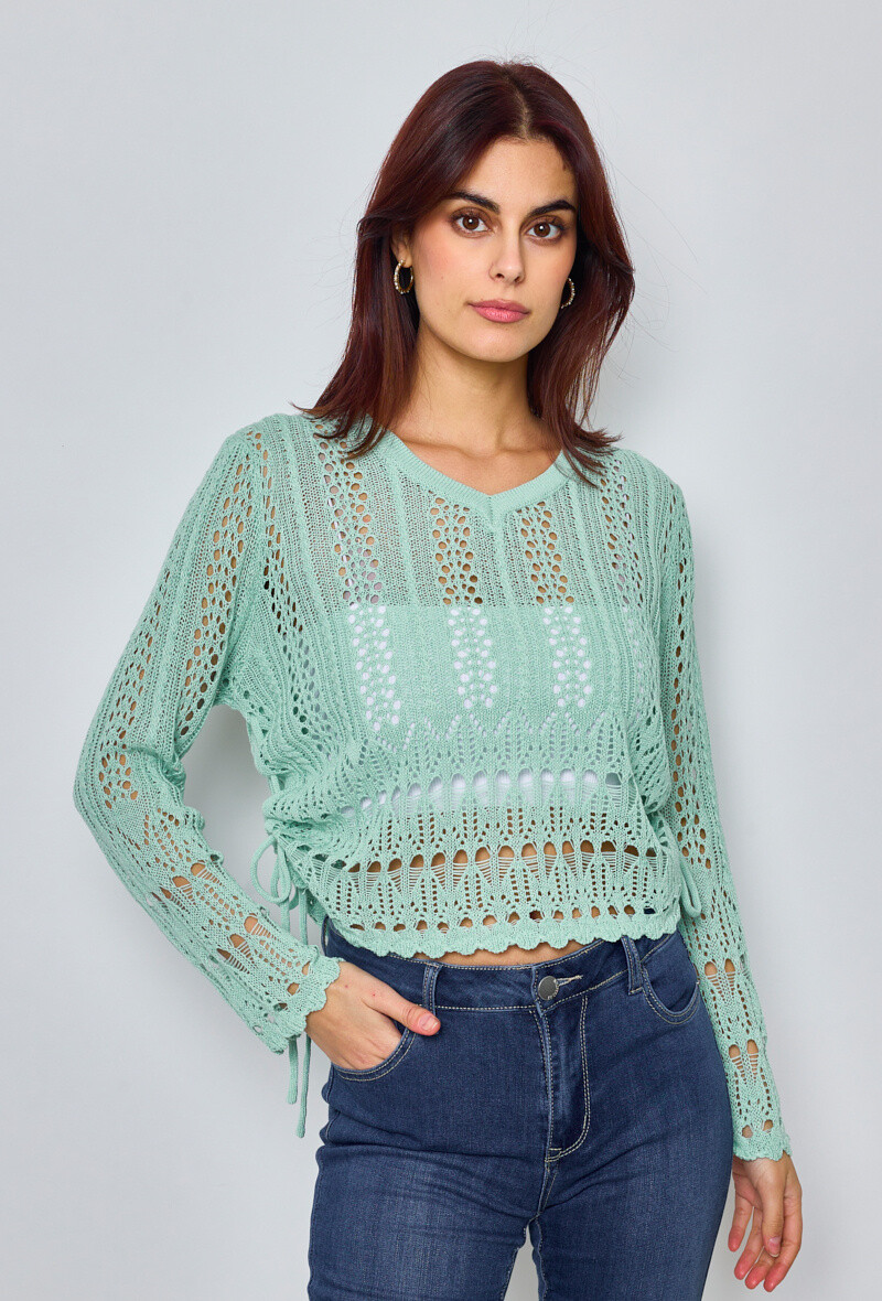 Wholesaler KY CREATION - Plain sweater with crochet side drawstring
