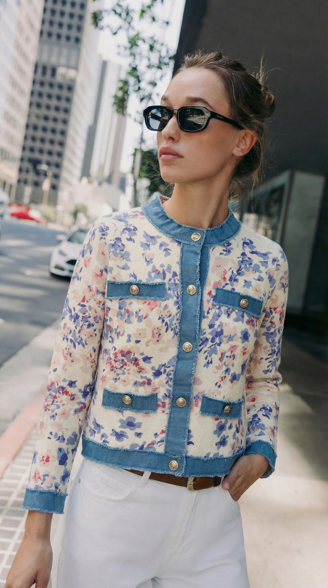 Grossiste KY CREATION - Gilet en maille avec imprimé fleuri et détail en denim