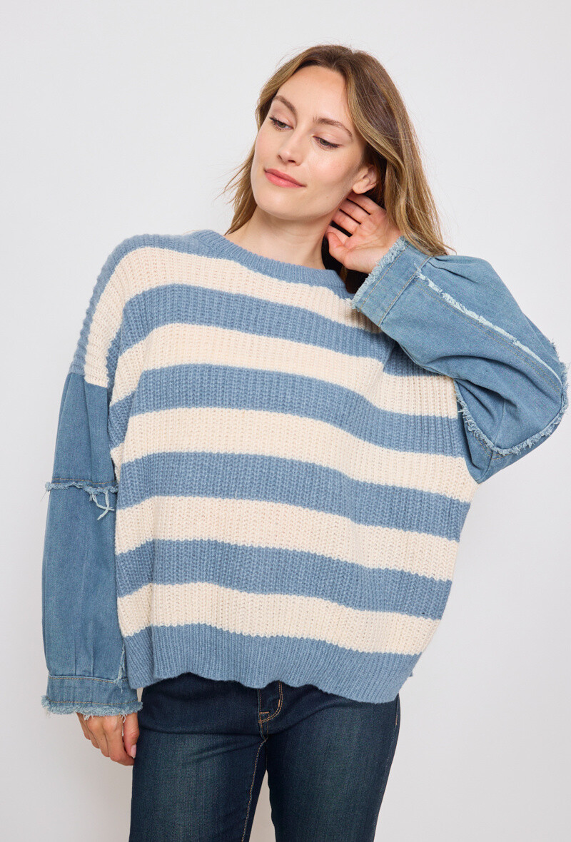 Wholesaler KY CREATION - Banded knit sweater with denim sleeves