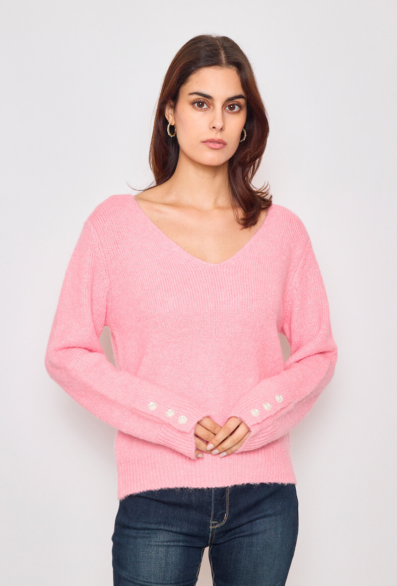 Wholesaler KY CREATION - Plain V-neck sweater with pink buttons