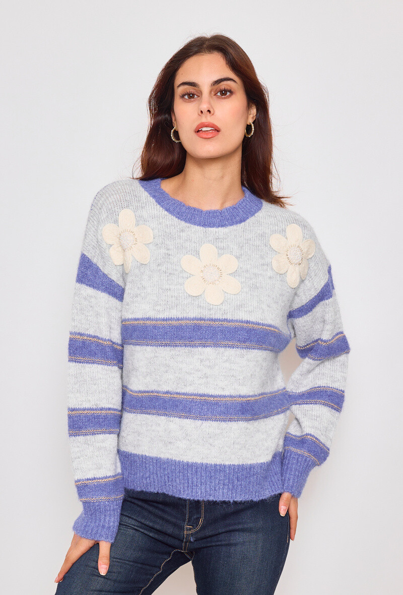 Wholesaler KY CREATION - Striped sweater with flower patch