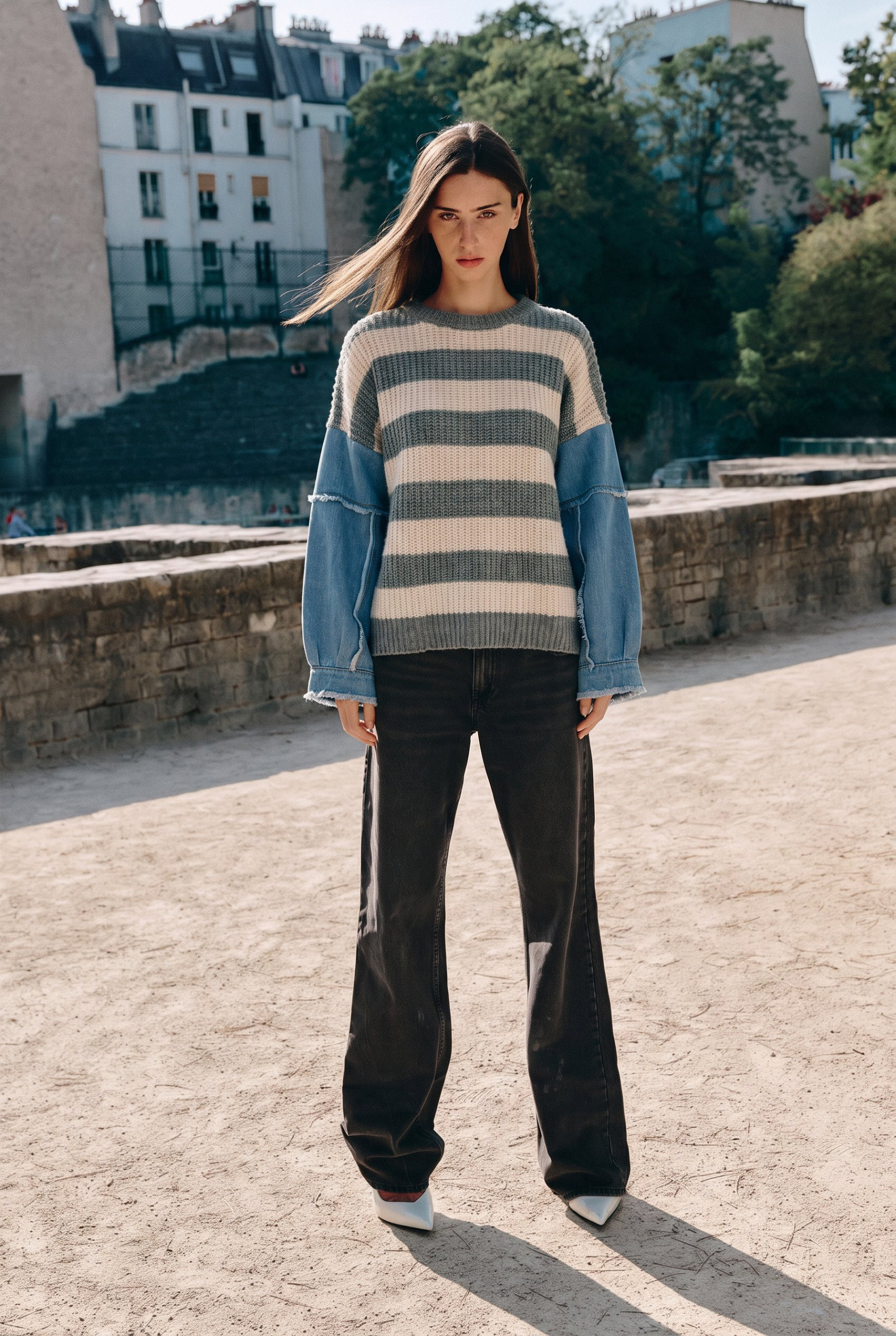 Grossista KY CREATION - Maglione a righe in maglia con maniche in denim