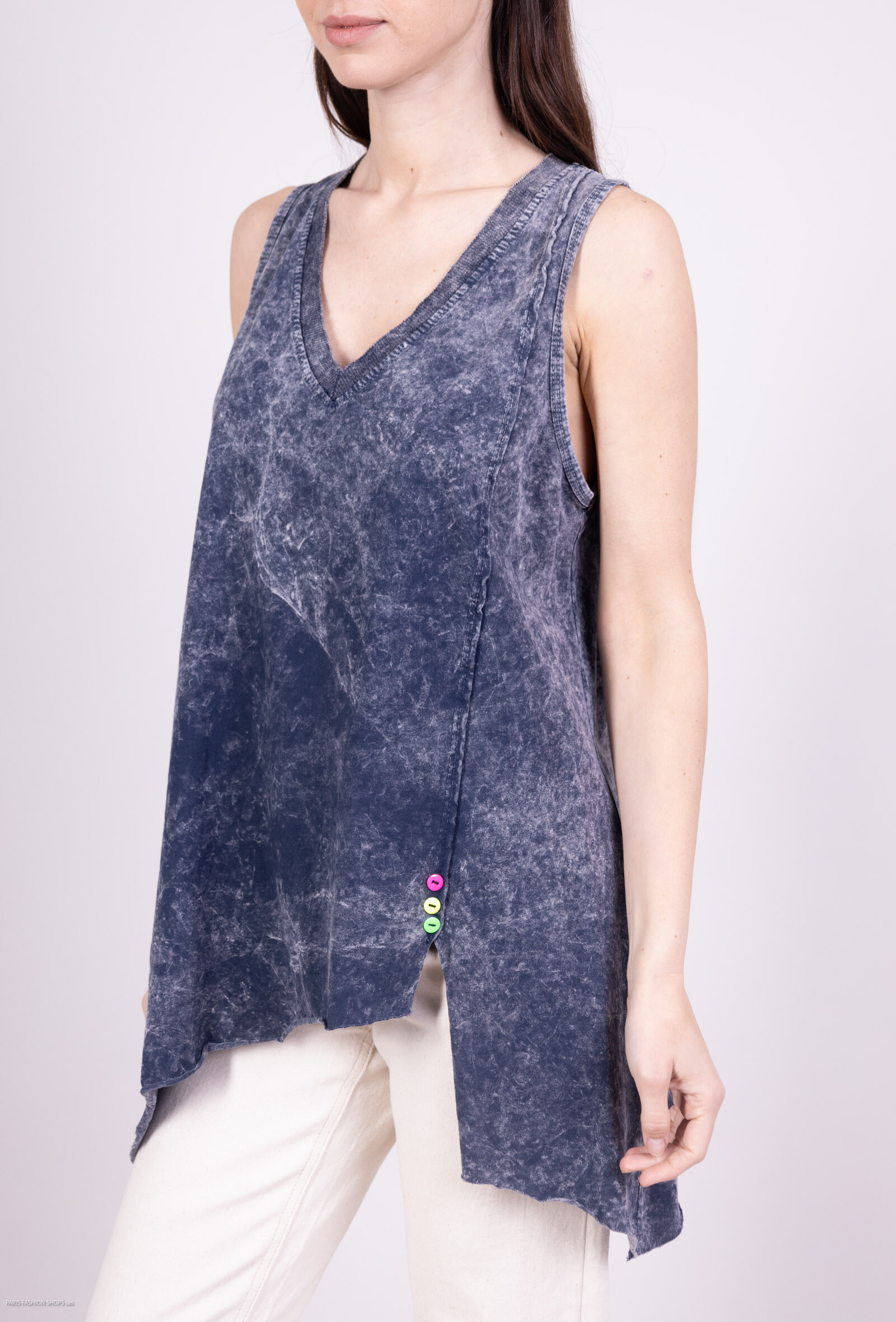 Grossiste L'Emotion - Débardeur Col V Asymétrique En Pointe à Boutons Motif Marbré 100% Coton