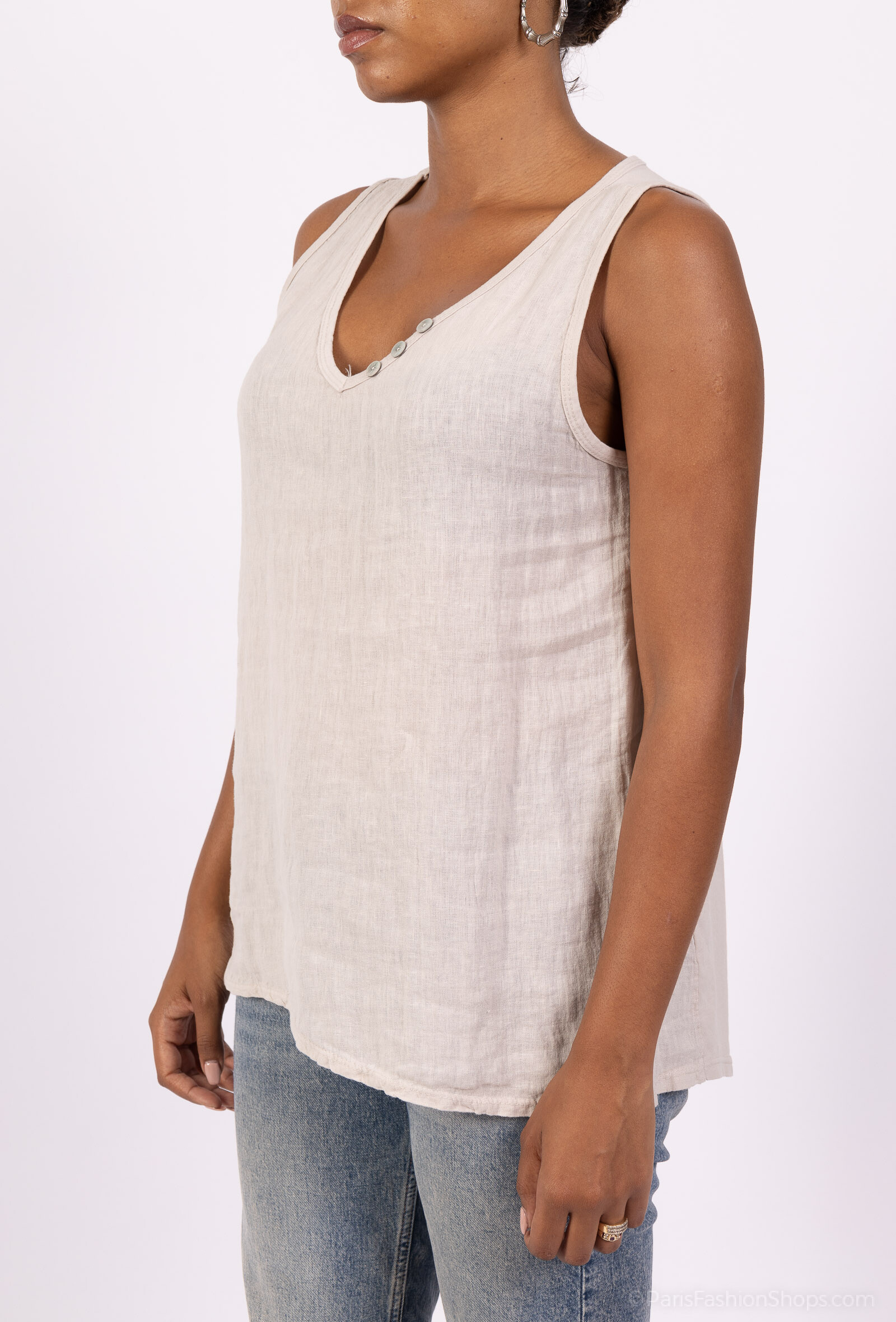 Wholesaler L'Emotion - V-Neck Tank Top with Two-Tone Buttons 50% Linen 50% Cotton