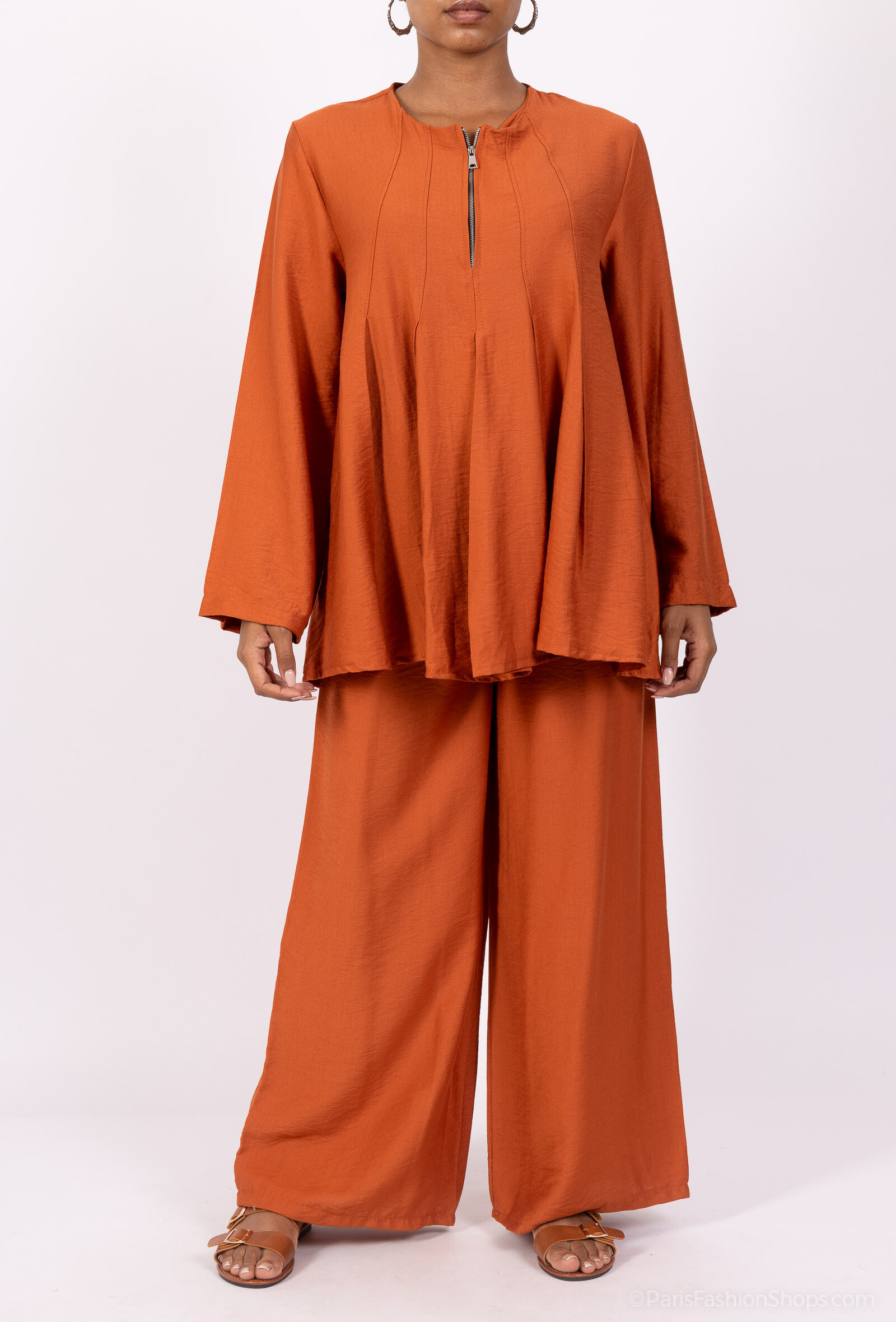 Großhändler L'Emotion - Top & Hose Set mit Reißverschluss und plissiertem Kragen aus Viskose-Nylon